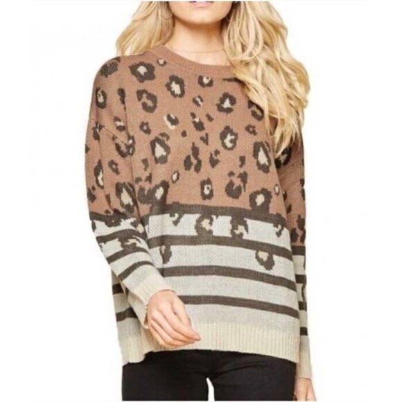 Andree by Unit Sweater Womens 2X Brown Animal Print Striped Crew Neck Boho - Picture 1 of 8